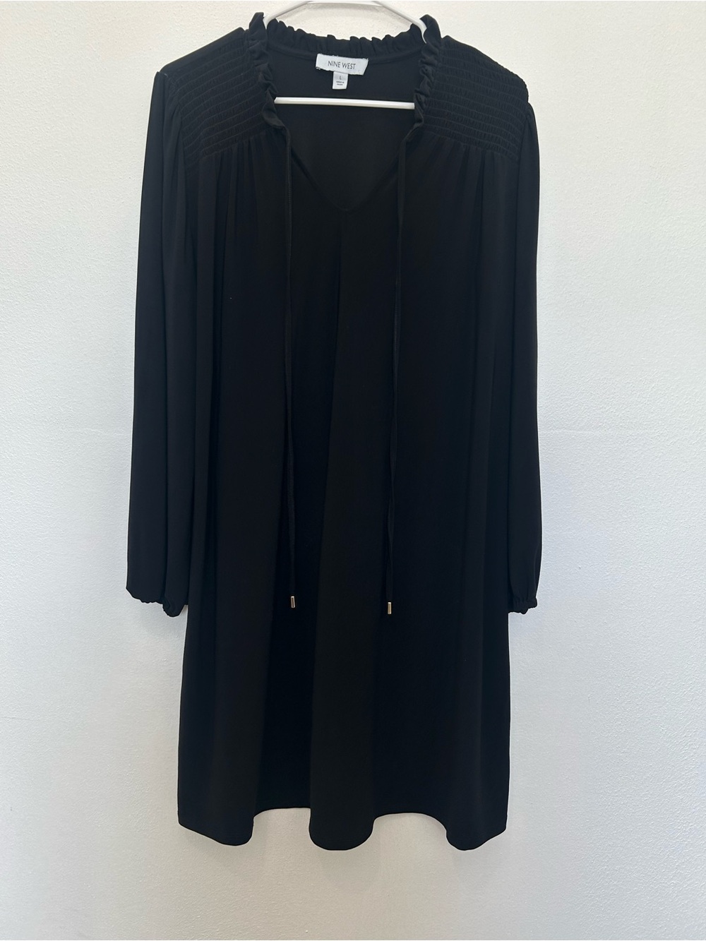 Nine West Black Long-Sleeve Smocked Yoke Shift Dress